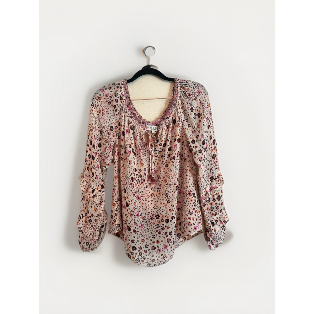 Hale Bob Tunic Top Women’s Size‎ S Floral Pink Earth tones Tassels Long Sleeves